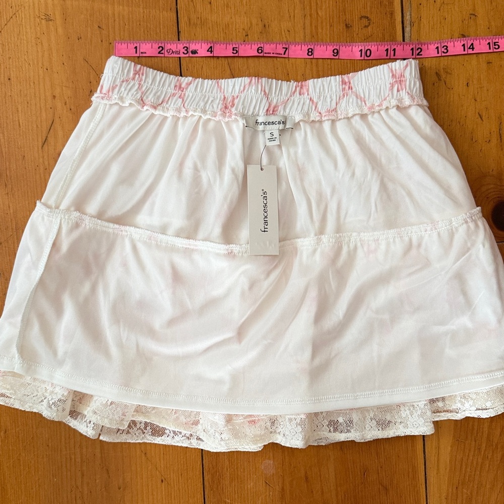 Francesca’s White and Pink Lace Skirt Dotted Swiss lined Elastic Waist Sz Small - Picture 2 of 7